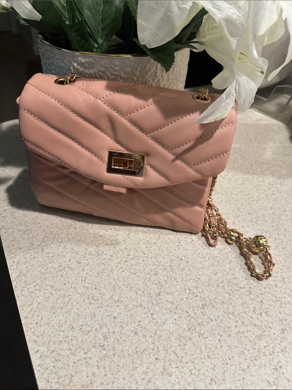 Quilted Blush Chain Crossbody Bag with Turn-Lock
